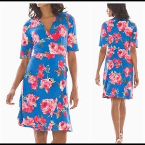 Soma, Multifloral Blue Rose Short Sleeve Surplice Wrap Jersey Knit Dress, XL